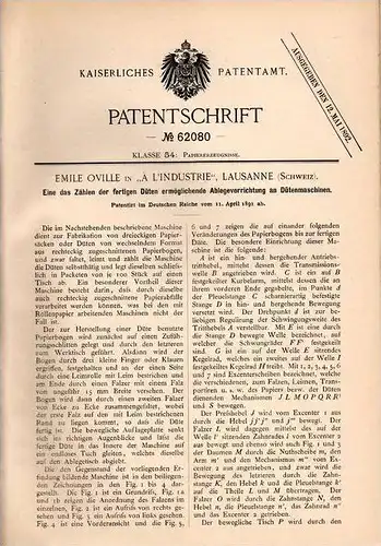 Original Patentschrift - E. Oville in "A L´Industrie" in Lausanne , 1891 , Apparat für Dütenmaschinen , Papier  !!!