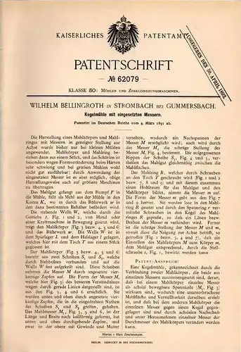 Original Patentschrift - W. Bellingroth in Strombach b. Gummersbach , 1891 , Kegelmühle mit Messern , Mühle !!!