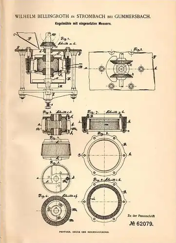 Original Patentschrift - W. Bellingroth in Strombach b. Gummersbach , 1891 , Kegelmühle mit Messern , Mühle !!!