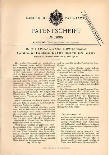 Original Patentschrift - Dr. O. Prinz in Markt Redwitz , Bayern , 1890 , Sorel - Cement , Zement , Beton !!!