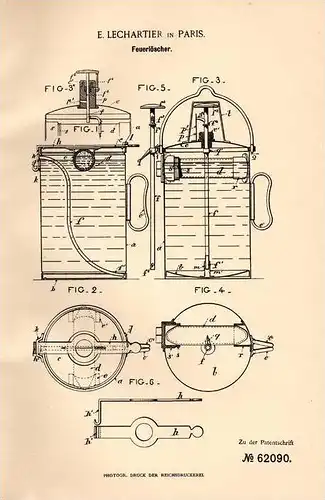 Original Patentschrift - E. Lechartier in Paris , 1891 , Feuerlöscher , Feuerwehr !!!