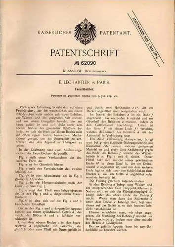 Original Patentschrift - E. Lechartier in Paris , 1891 , Feuerlöscher , Feuerwehr !!!