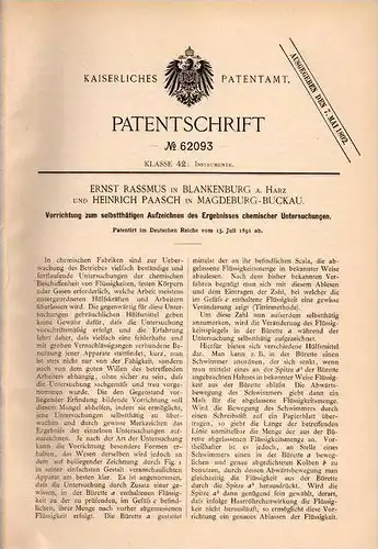 Original Patentschrift - E. Rassmus in Blankenburg a. Harz , 1891 , Apparat für chemischen Untersuchungen , Labor !!!
