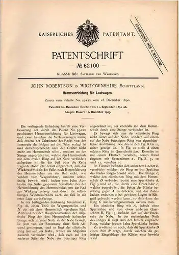 Original Patentschrift - K. Robertson in Wigtownshire , Schottland , 1891 , Hemmapparat für Lastwagen , LKW , Truck !!!