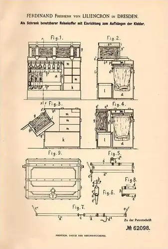 Original Patentschrift - F. Freiherr von Liliencron in Dresden , 1891 , Reisekoffer als Schrank , Koffer !!!