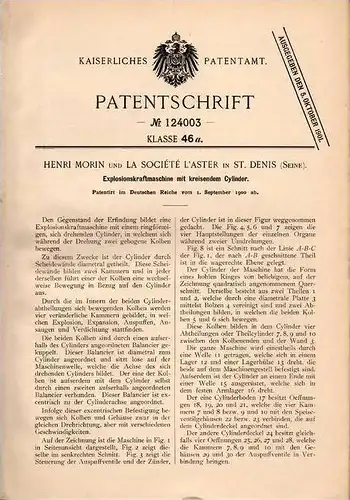 Original Patentschrift - H. Morin in Saint Denis , Seine , 1900 , Motor mit kreisendem Cylinder !!!