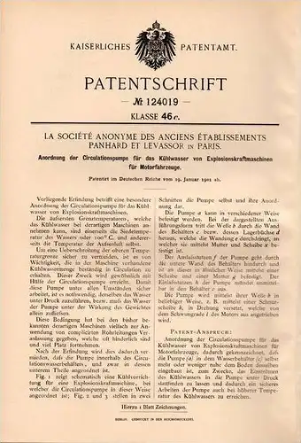 Original Patentschrift - Panhard et Levassor in Paris , 1901 , Circulationspumpe für Motorfahrzeuge , Automobile !!!