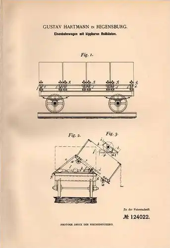 Original Patentschrift - G. Hartmann in Regensburg , 1900 , Eisenbahnwagen mit Kippvorrichtung , Waggon !!!