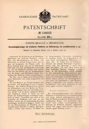 Original Patentschrift - J. Bragge in Melbourne , 1900 , Eisenbahn - Güterwagen zur Beförderung von Fuhrwerk !!!