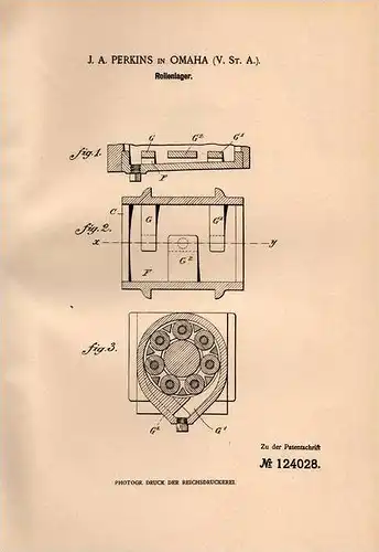 Original Patentschrift - J. Perkins in Omaha , USA , 1900 , Rollenlager !!!