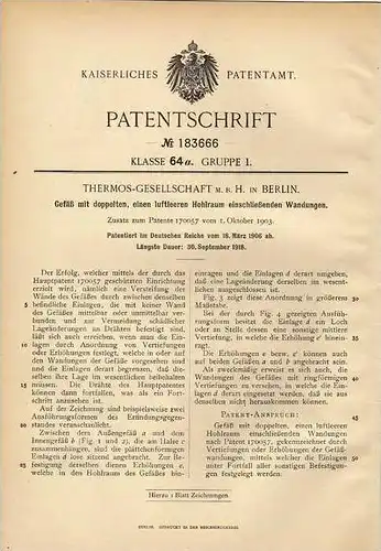 Original Patentschrift - Thermos - Gesellschaft mbH. in Berlin , 1906 , Thermoskanne !!!