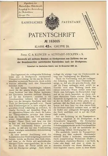 Original Patentschrift - Fa. C. Klinger in Altstadt - Stolpen i.S. , 1905 , Strohpresse - Hebewerk , Stroh , Ernte !!!
