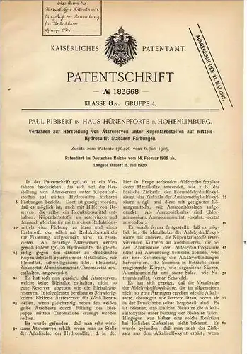 Original Patentschrift - P. Ribbert in Haus Hünenpforte b. Hohenlimburg ,1906,Herstellung v. Ätzreserven, Chemie , Hagen