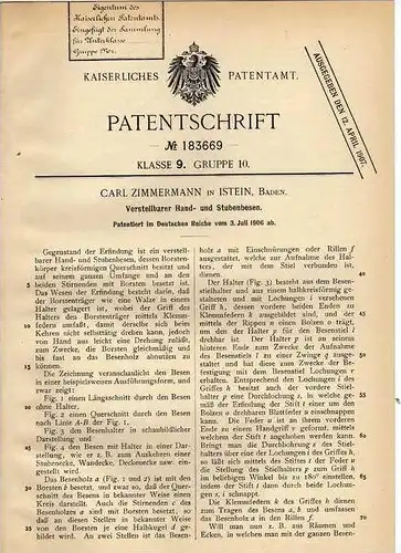 Original Patentschrift - C. Zimmermann in Istein , Baden , 1906 , Hand- und Stubenbesen , verstellbarer  Besen !!!