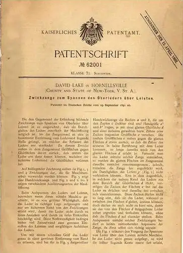 Original Patentschrift - D. Lake in Hornellsville , USA , 1891 , Zange für Leder , Schuhe , Schuhmacher , Schuster !!!