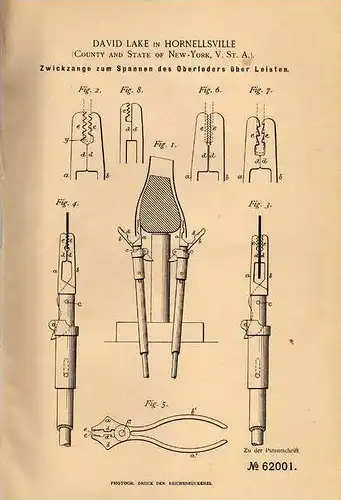 Original Patentschrift - D. Lake in Hornellsville , USA , 1891 , Zange für Leder , Schuhe , Schuhmacher , Schuster !!!