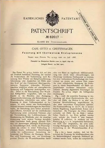 Original Patentschrift - C. Otto in Greifenhagen , 1890 , Feuerung mit Kreisprocess !!!