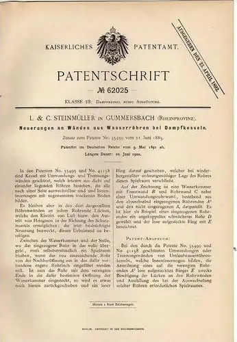 Original Patentschrift - L. Steinmüller in Gummersbach , Rheinprovinz , 1891 , Wasserröhren für Dampfkessel !!!