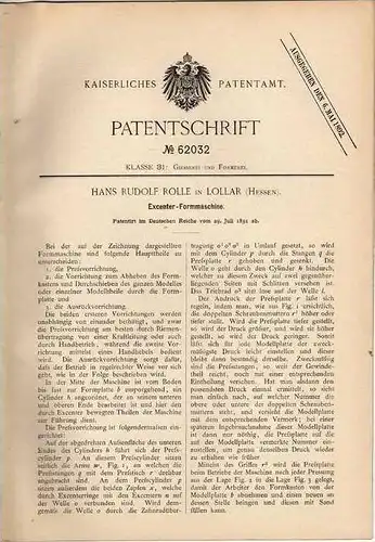 Original Patentschrift - H. Rolle in Lollar , Hessen , 1891 , Excenter Formmaschine  !!!
