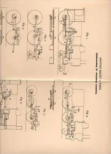 Original Patentschrift - A. Mallet in Paris , 1899 , 4- Cylinder Lokomotive , Lok !!!