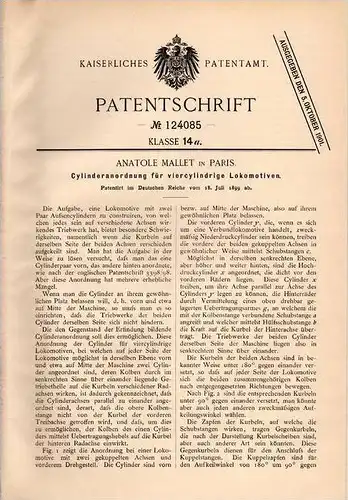 Original Patentschrift - A. Mallet in Paris , 1899 , 4- Cylinder Lokomotive , Lok !!!