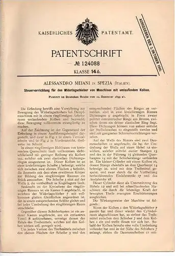 Original Patentschrift - A. Meiani in La Spezia , 1899 , Maschine mit umlaufendem Kolben , Steuerung !!!