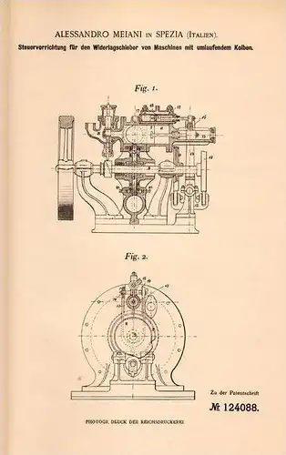 Original Patentschrift - A. Meiani in La Spezia , 1899 , Maschine mit umlaufendem Kolben , Steuerung !!!