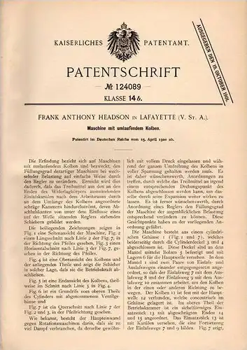Original Patentschrift - F. Headson in Lafayette , USA , 1900 , Maschine mit umlaufendem Kolben !!!