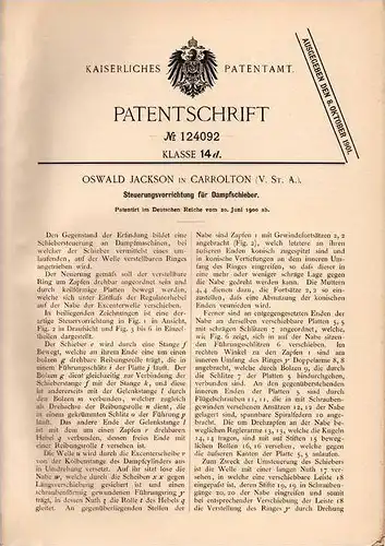 Original Patentschrift - Oswald Jackson in Carrolton , USA , 1900 , Steuerung für Dampfschieber !!!