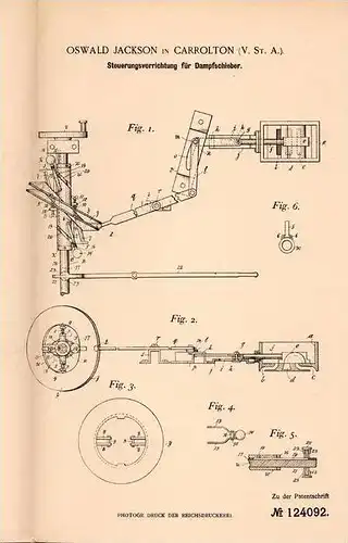 Original Patentschrift - Oswald Jackson in Carrolton , USA , 1900 , Steuerung für Dampfschieber !!!