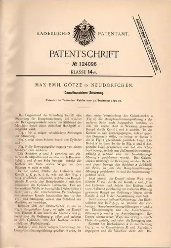 Original Patentschrift - M. Götze in Neudörfchen , 1899 , Dampfmaschinen - Steuerung !!!