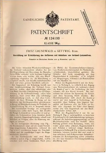 Original Patentschrift - F. Grunewald in Kettwig , Ruhr , 1900 , Anfahrhilfe für Lokomotive !!!