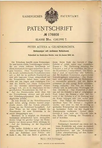 Original Patentschrift - P. Altena in Gelsenkirchen , 1906 , Notenzeiger mit endlosem Notenband , Noten !!!