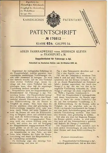 Original Patentschrift - Adler Fahrrad - Werke in Frankfurt a.M., 1905 , Doppeltrethebel für Fahrzeuge !!!