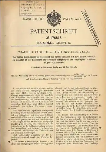 Original Patentschrift - C. Faitoute in Sumit , USA , 1905 , elastischer Gummiradreifen , Reifen !!!