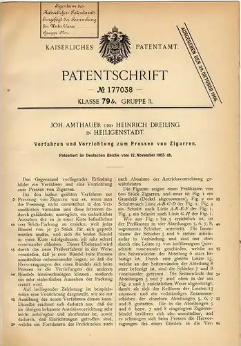 Original Patentschrift - H. Dreiling in Heiligenstadt , 1905 , Presse für Zigarren , Cigarren in Kisten !!!