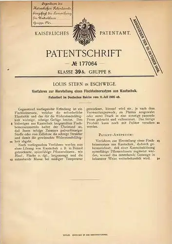 Original Patentschrift - L. Stein in Eschwege , 1905 , Fischbeinersatz aus Kautschuk !!!