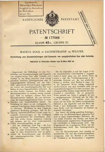 Original Patentschrift - M. Kock in Sachsenbande bei Wilster , 1905 , Apparat zum Sammeln von Heu und Getreide  !!!