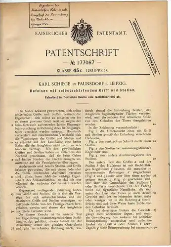 Original Patentschrift - K. Schiege in Paunsdorf b. Leipzig , 1905 , Hufeisen selbstschärfend , Pferd , Hufschmied !!!