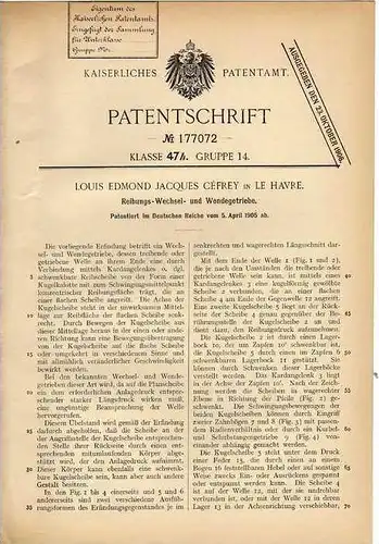 Original Patentschrift - L. Céfrey in Le Havre , 1905 , Getriebe , Wechselgetriebe , Automobile !!!