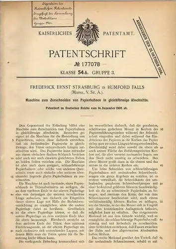 Original Patentschrift - F. Strasburg in Rumford Falls , Maine , 1905 , Maschine für Papierbahnen , Papier !!!