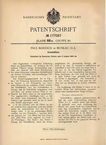 Original Patentschrift - P. Märksch in Muskau , 1906 , Schloßöffner , Türschloss !!!
