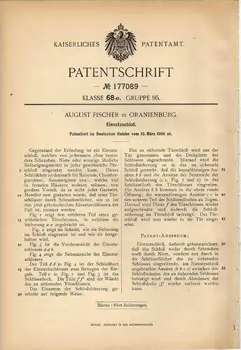 Original Patentschrift - A. Fischer in Oranienburg , 1906 , Einsatzschloß , Türschloß !!!