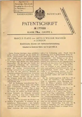 Original Patentschrift - M. Plato in London , 1904 , Glocke mit Selbstunterbrechung !!!