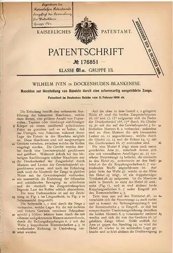 Original Patentschrift - W. Iven in Dockenhuden - Blankenese , 1906 , Maschine für Papierbündel , Papier , Tapeten !!!