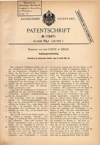 Original Patentschrift - Freiherr von der Goltz in Celle , 1905 , Zielvorrichtung , Gewehr , Pistole , Waffe !!!