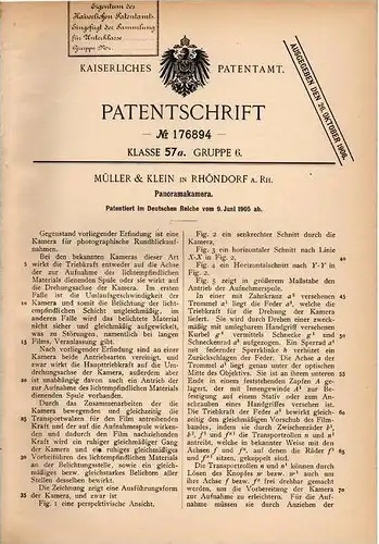 Original Patentschrift - Müller & Klein in Rhöndorf a. Rh., 1905 , Panoramakamera , Kamera , Photographie !!!