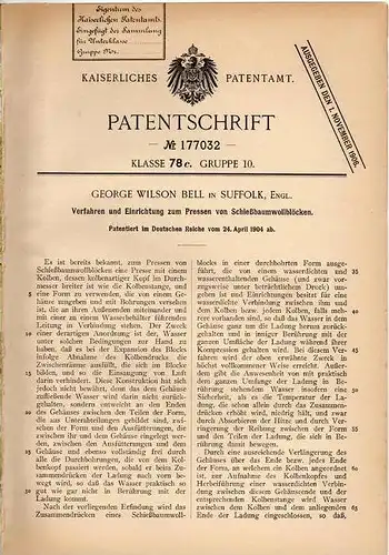 Original Patentschrift - G. Bell in Suffolk , 1904 , Pressen von Schießwolle , Schießbaumwolle !!!
