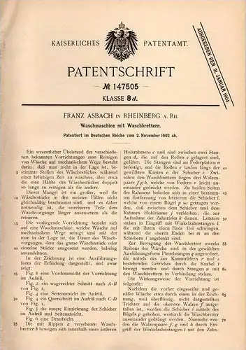 Original Patentschrift - F. Asbach in Rheinberg a. Rhein , 1902 , Waschmaschine mit Waschbrettern !!!