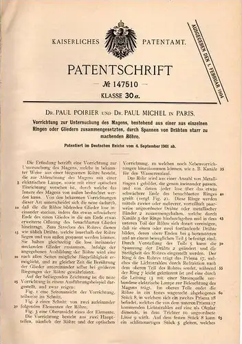 Original Patentschrift - Magensonde , 1901 , Dr. P. Poirier in Paris , Magenspiegelung , Magen , Arzt , Untersuchung !!!